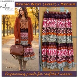 Studio West Boho Tiered Maxi Skirt Multicolor Tribal Print Elastic Waist MEDIUM